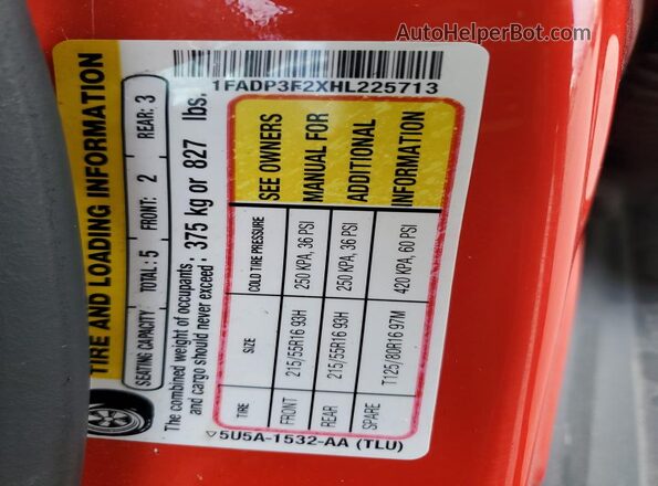 1FADP3F2XHL225713 2017 FORD FOCUS Red VIN sticker view
