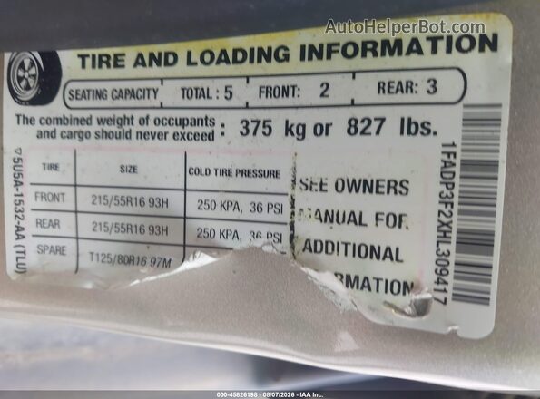 1FADP3F2XHL309417 2017 FORD FOCUS Beige Engine compartment view