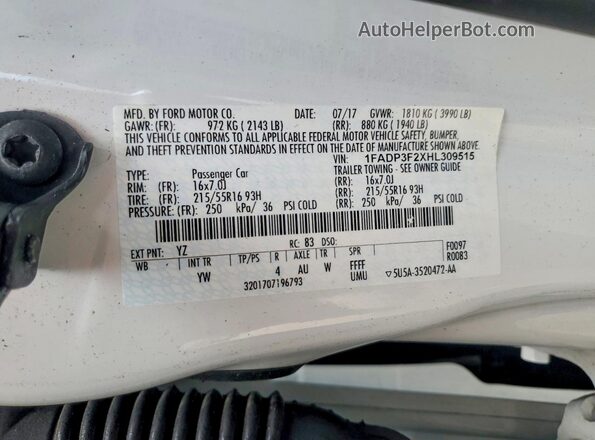 1FADP3F2XHL309515 2017 FORD FOCUS White Vista de la etiqueta del VIN