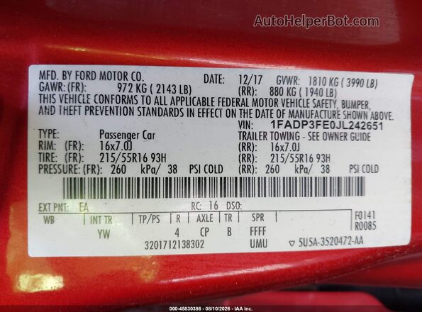 1FADP3FE0JL242651 2018 FORD FOCUS Orange Widok komory silnika