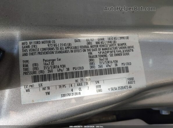 1FADP3FE1HL235878 2017 FORD FOCUS Silver ძრავის განყოფილების ხედი