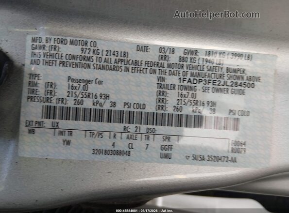1FADP3FE2JL284500 2018 FORD FOCUS Серебряный Вид подкапотного пространства