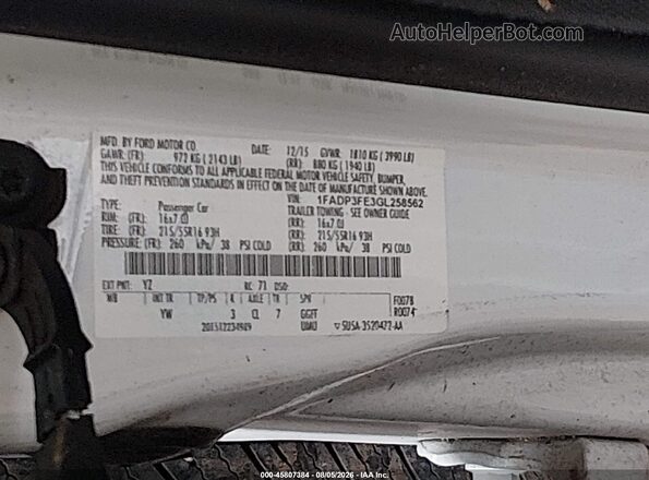 1FADP3FE3GL258562 2016 FORD FOCUS Белый Вид подкапотного пространства