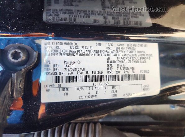 1FADP3FE3JL200345 2018 FORD FOCUS Black Widok naklejki z numerem VIN