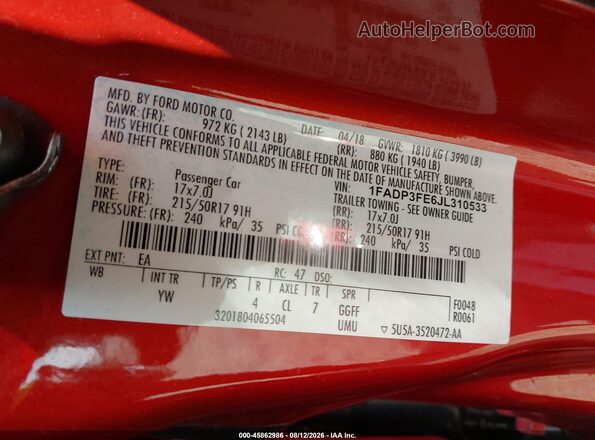 1FADP3FE6JL310533 2018 FORD FOCUS Красный Вид подкапотного пространства