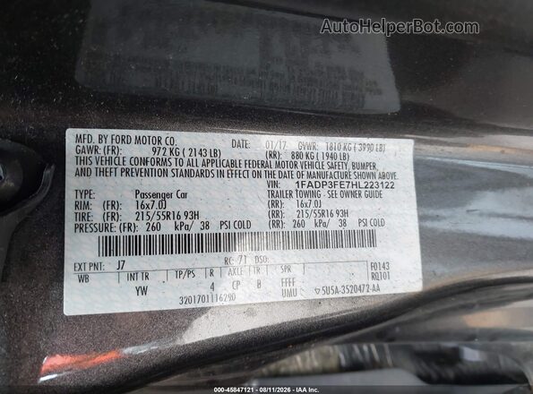 1FADP3FE7HL223122 2017 FORD FOCUS Gray Vista del compartimento del motor