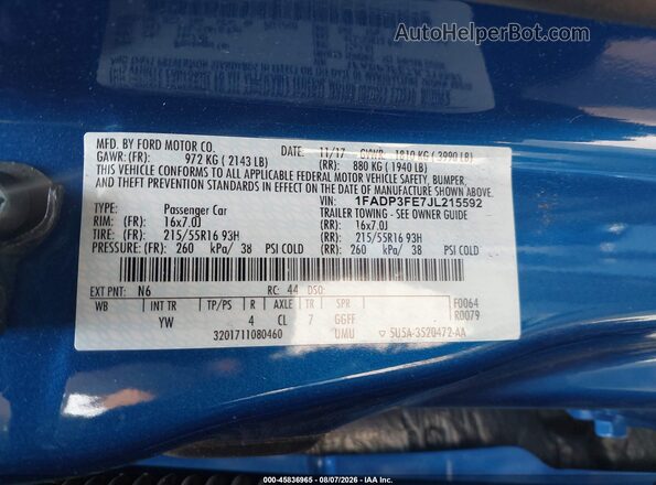 1FADP3FE7JL215592 2018 FORD FOCUS Синий Вид подкапотного пространства