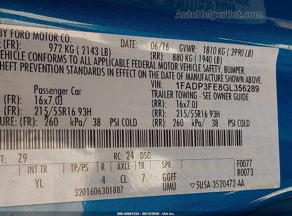 1FADP3FE8GL356289 2016 FORD FOCUS Blue Engine compartment view