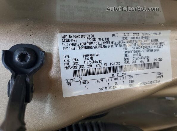 1FADP3FEXJL214257 2018 FORD FOCUS Золотой Вид наклейки с VIN-кодом