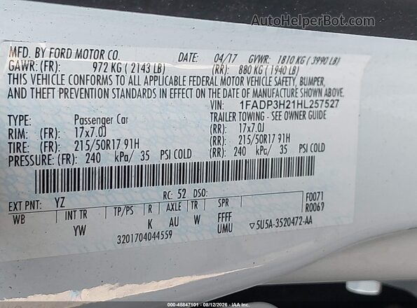 1FADP3H21HL257527 2017 FORD FOCUS White Շարժիչի բաժամունքի տեսք