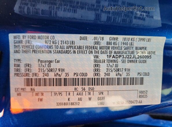 1FADP3J22JL260095 2018 FORD FOCUS Blue Շարժիչի բաժամունքի տեսք