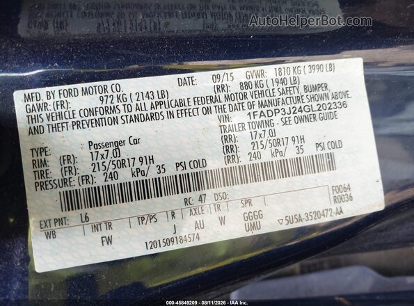 1FADP3J24GL202336 2016 FORD FOCUS Blue ძრავის განყოფილების ხედი