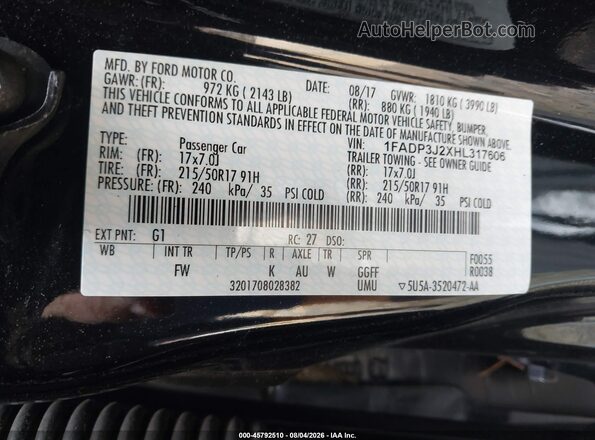 1FADP3J2XHL317606 2017 FORD FOCUS Black Вид підкапотного простору