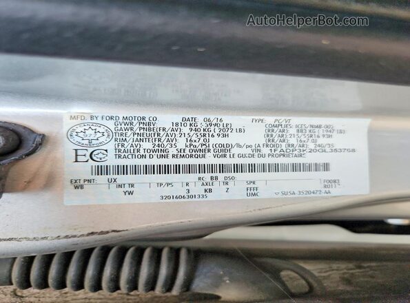 1FADP3K20GL353768 2016 FORD FOCUS Silver Вид підкапотного простору