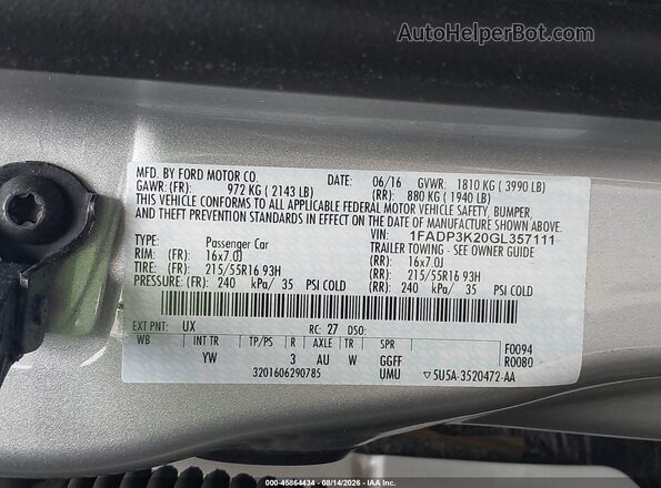 1FADP3K20GL357111 2016 FORD FOCUS Silver Вид підкапотного простору