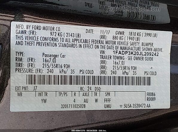1FADP3K20JL209242 2018 FORD FOCUS Gray Вид підкапотного простору