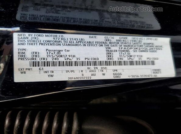 1FADP3K21GL287893 2016 FORD FOCUS Black ძრავის განყოფილების ხედი