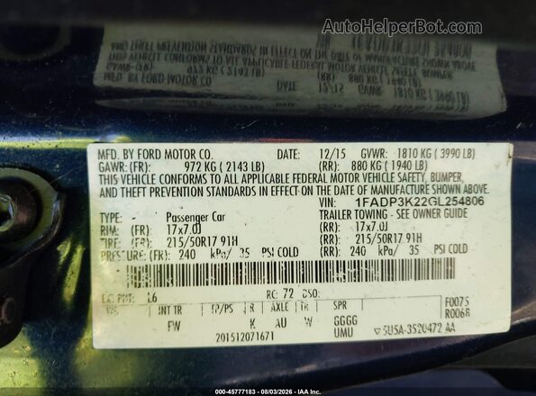 1FADP3K22GL254806 2016 FORD FOCUS Blue Vista del compartimento del motor