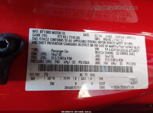 1FADP3K22GL272657 2016 FORD FOCUS Red Շարժիչի բաժամունքի տեսք