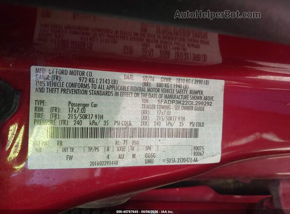 1FADP3K22GL299292 2016 FORD FOCUS Red Շարժիչի բաժամունքի տեսք