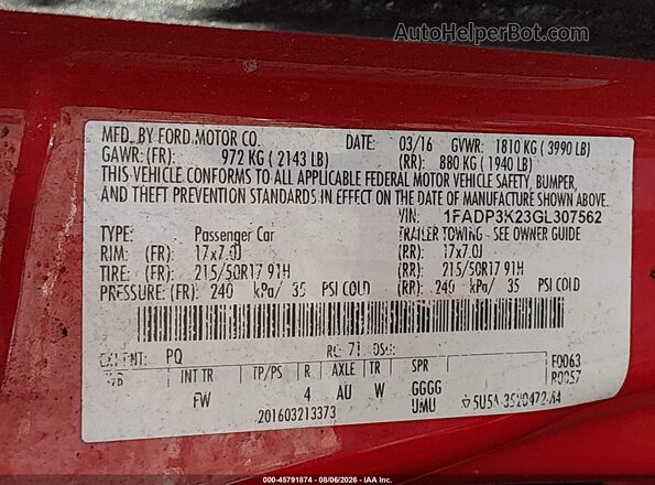 1FADP3K23GL307562 2016 FORD FOCUS Red Engine compartment view