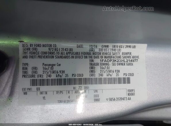 1FADP3K23HL214977 2017 FORD FOCUS Silver Widok komory silnika