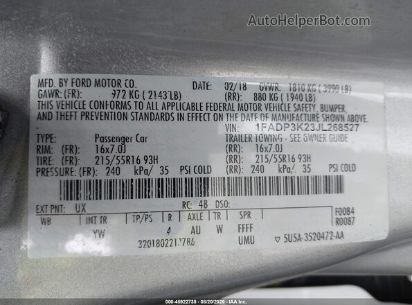 1FADP3K23JL268527 2018 FORD FOCUS Silver Շարժիչի բաժամունքի տեսք