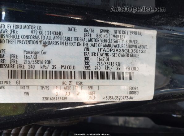 1FADP3K25GL350123 2016 FORD FOCUS Черный Вид подкапотного пространства