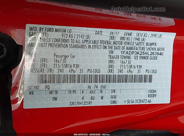 1FADP3K25HL263940 2017 FORD FOCUS Red Vista del compartimento del motor