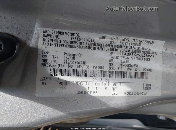 1FADP3K25JL258517 2018 FORD FOCUS Silver ძრავის განყოფილების ხედი