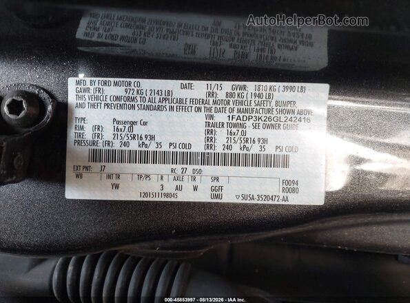 1FADP3K26GL242416 2016 FORD FOCUS Gray Вид підкапотного простору