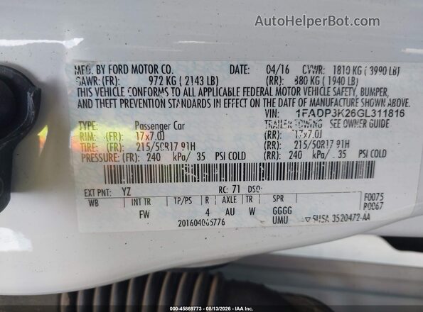 1FADP3K26GL311816 2016 FORD FOCUS White Widok komory silnika