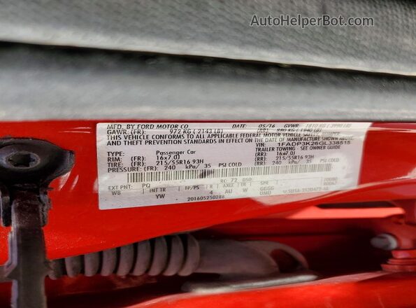 1FADP3K26GL338515 2016 FORD FOCUS Red Widok naklejki z numerem VIN