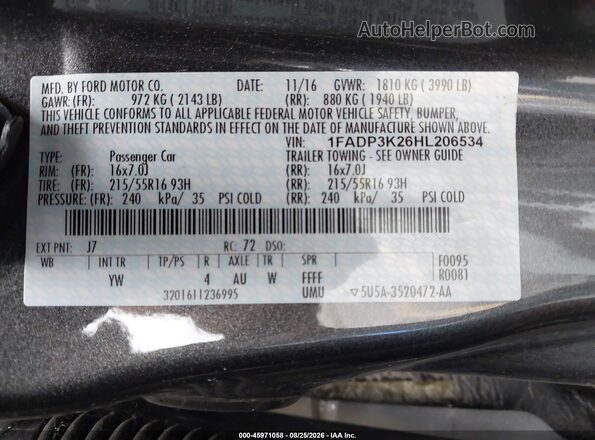 1FADP3K26HL206534 2017 FORD FOCUS Gray Vista del compartimento del motor