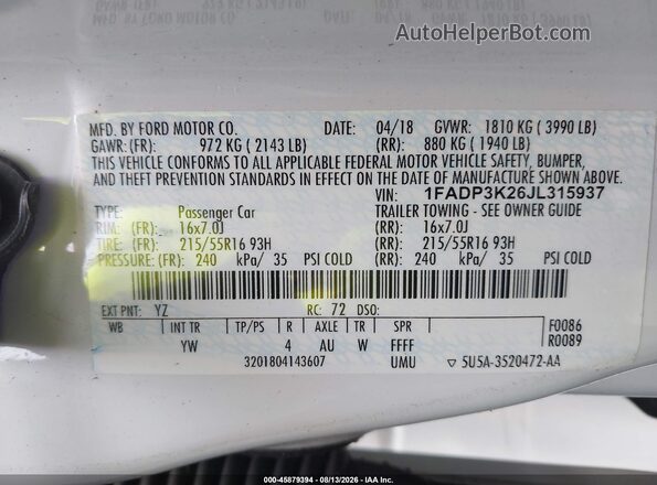 1FADP3K26JL315937 2018 FORD FOCUS White Շարժիչի բաժամունքի տեսք