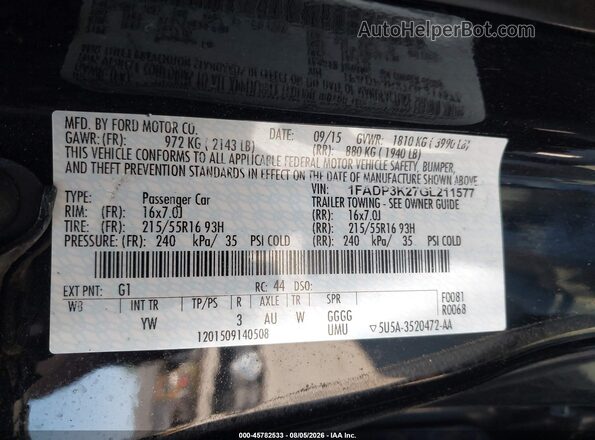 1FADP3K27GL211577 2016 FORD FOCUS Black Widok komory silnika