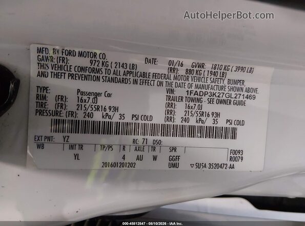 1FADP3K27GL271469 2016 FORD FOCUS White ძრავის განყოფილების ხედი