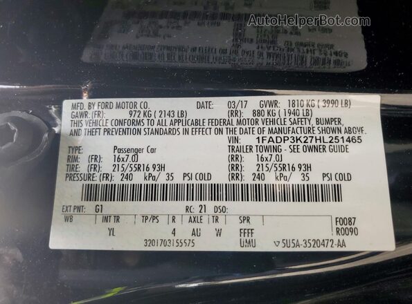 1FADP3K27HL251465 2017 FORD FOCUS Черный Вид наклейки с VIN-кодом