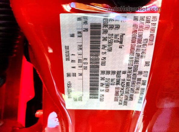 1FADP3K27HL314130 2017 FORD FOCUS Red Widok naklejki z numerem VIN