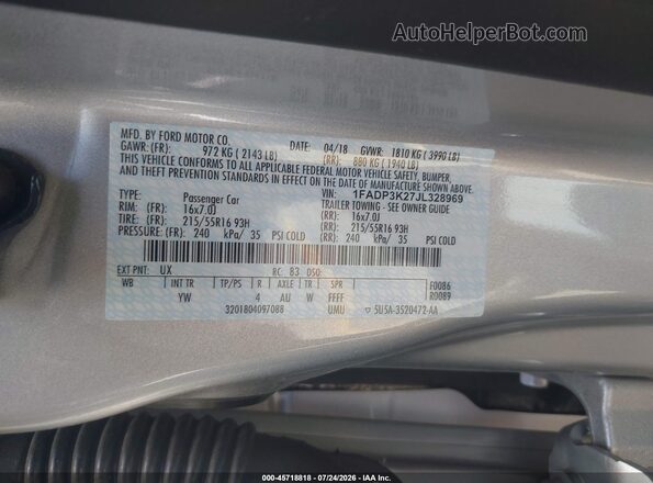 1FADP3K27JL328969 2018 FORD FOCUS Белый Вид подкапотного пространства