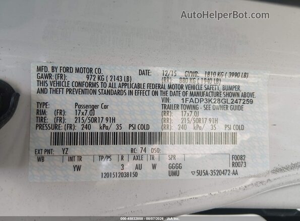 1FADP3K28GL247259 2016 FORD FOCUS White Вид підкапотного простору