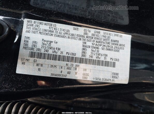 1FADP3K28GL292203 2016 FORD FOCUS Black Widok komory silnika