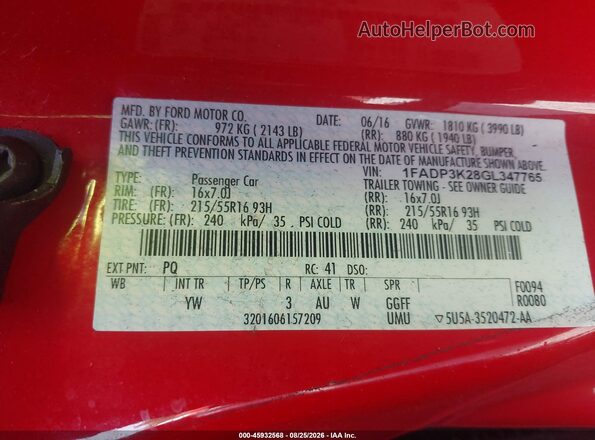1FADP3K28GL347765 2016 FORD FOCUS Red ძრავის განყოფილების ხედი