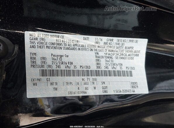 1FADP3K28GL407088 2016 FORD FOCUS Black Շարժիչի բաժամունքի տեսք