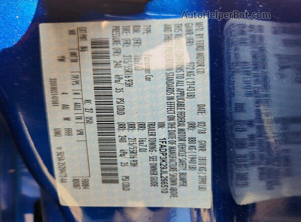 1FADP3K29JL266510 2018 FORD FOCUS Blue VIN sticker view