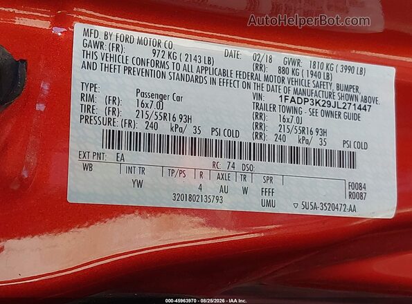 1FADP3K29JL271447 2018 FORD FOCUS Orange ძრავის განყოფილების ხედი