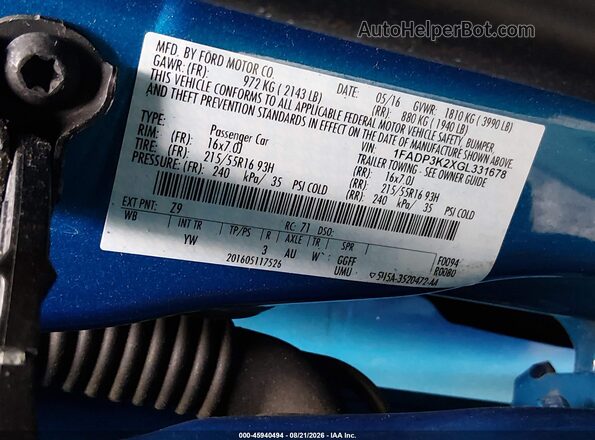 1FADP3K2XGL331678 2016 FORD FOCUS Blue ძრავის განყოფილების ხედი