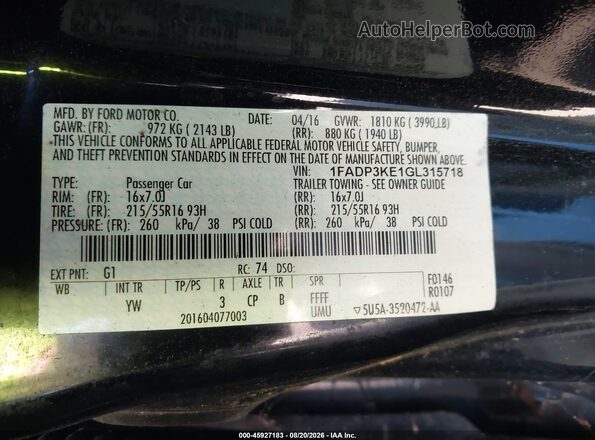 1FADP3KE1GL315718 2016 FORD FOCUS Black Widok komory silnika