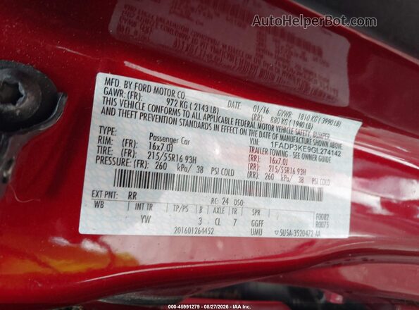 1FADP3KE9GL274142 2016 FORD FOCUS Red Vista del compartimento del motor