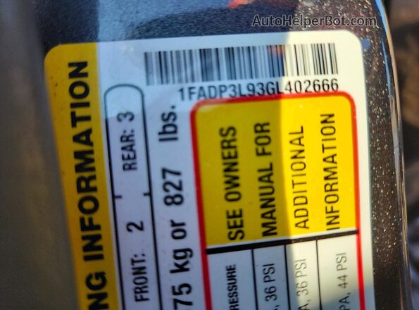 1FADP3L93GL402666 2016 FORD FOCUS Gray VIN კოდის სტიკერის ხედი